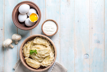 vareniki with sour cream, space for text left, topshot