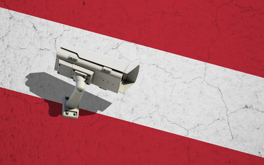 CCTV security camera on background of Austria flag on wall with cracks