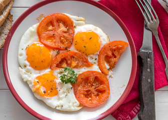 eggs with tomatoes served, topview