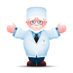 Elderly medical worker stretched out his hands to both sides. Full length portrait of senior man in white lab coat isolated on white background.