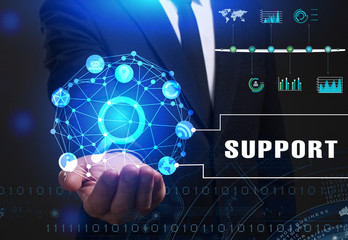 Business, Technology, Internet and network concept. Young businessman working on a virtual screen of the future and sees the inscription: Support