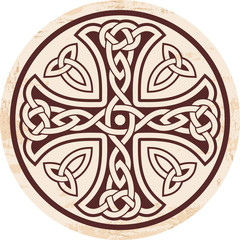 Celtic national ornament in the shape of a cross. Brown drawing on a beige background with aging effect.
