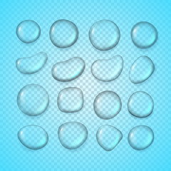 Different water drops vector clipart on transparent background. Transparent liquid elements