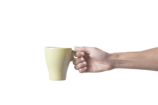 hand holding green coffee cup isolated on white background.