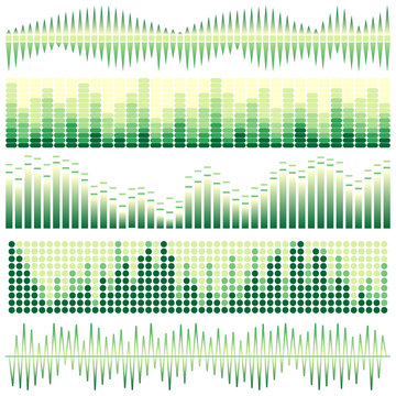 Vector set of green sound waves. Audio equalizer. Sound & audio waves isolated on white background.
