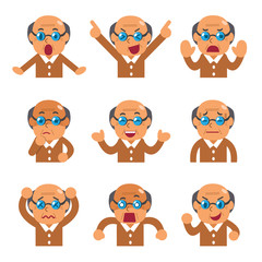 Cartoon senior man faces showing different emotions