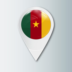 Pointer with the national flag of Cameroon in the ball with reflection. Tag to indicate the location. Realistic vector illustration.