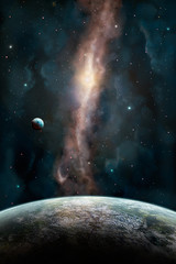 Space scene. Orange and dark blue nebula with one big planet in front and small planet up. Elements furnished by NASA