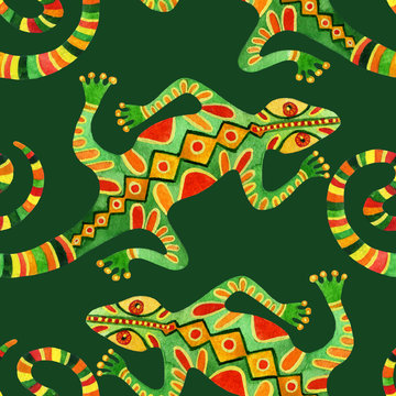 Watercolor seamless cactus pattern with lizards
