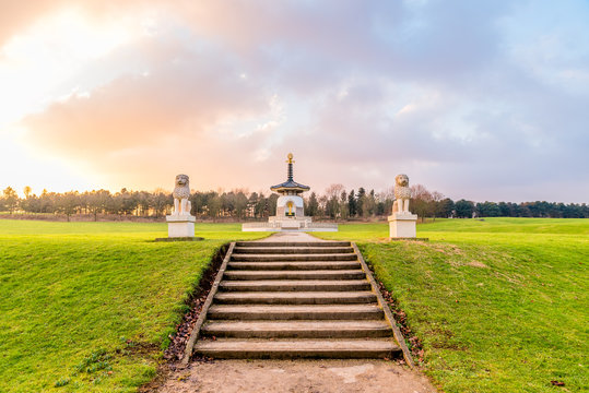 Landscape view Asian Monastery with Lion Statues