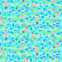 seamless pattern with diving people and fishes