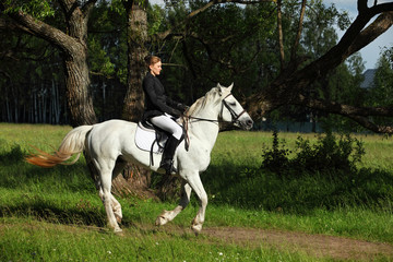 Portrait of young beautiful woman riding horse