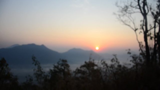 Viewpoint of phu tok mountain in morning time with mist and sunrise at Chiang Khan in Loei, Thailand.