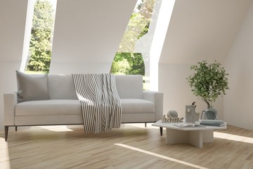 White room with sofa and green landscape in window. Scandinavian interior design. 3D illustration