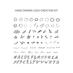 Hand drawn wedding logo creation kit. Floral frames, circles, alphabet.