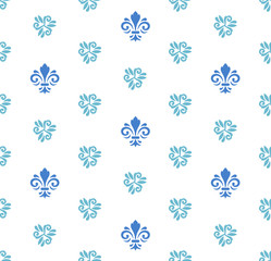 Seamless blue and white ornament. Modern geometric pattern with royal lilies