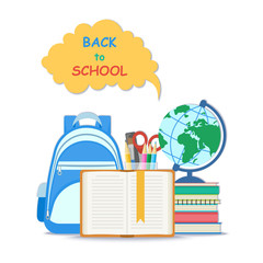Back to school concept.  Open book with a bookmark and school supplies such as a backpack, textbooks, notebook, globe, stationery set. Flat Style Education Concept. Vector illustration.