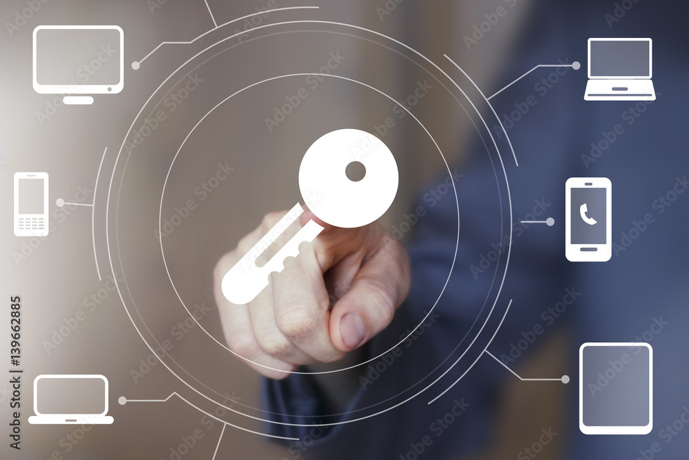 Aufkleber businessman pressing button security key web interface network computer.