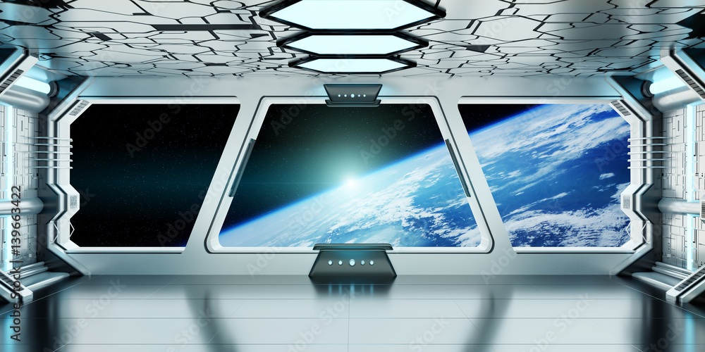 Poster spaceship interior with view on the planet earth 3d rendering elements of this image furnished by na