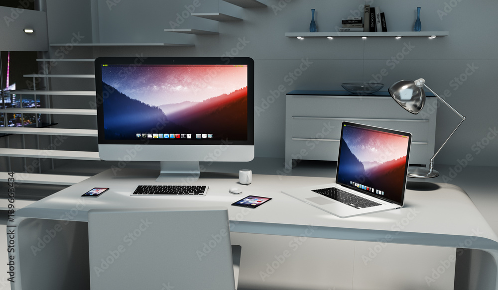 Poster Modern dark desk office interior with computer and devices 3D rendering
