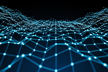 Floating white and blue dot network 3D rendering