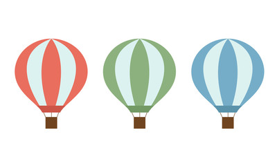 Set of colorful hot air balloons with a basket, isolated on white background - vector