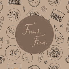 Hand drawn french cuisine seamless pattern. French food with baguette, macaron, mousse au chocolat, cafe liegeois, quiche, mille feuille, eclaire, camembert cheese, croissant, creme brulee, crepe, ter