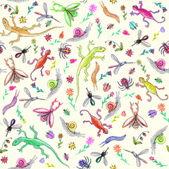 Beetles, snails, lizards and flowers in a naïve style, seamless pattern, hand drawn colored pencils illustration (sandy colors)
