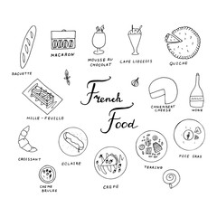 Hand drawn traditional french cuisine menu. French food with baguette, macaron, mousse au chocolat, cafe liegeois, quiche, mille feuille, eclaire, camembert cheese, croissant, creme brulee, crepe, ter