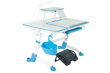 Blue school desk, blue basket, desk lamp and black support under legs