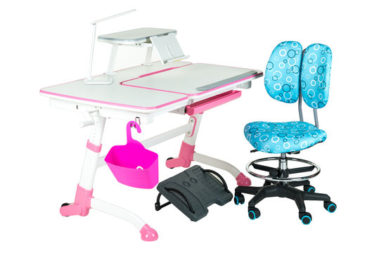 Blue Chair, Pink School Desk, Pink Basket, Desk Lamp And Black Support Under Legs