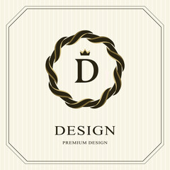 Abstract Monogram round template. Linear seamless pattern. Modern elegant luxury logo design. Letter emblem D, crown. Fashion universal label for Royalty, company, business card. Vector illustration