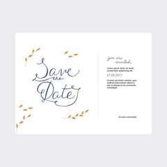 Save the Date card with hand drawn lettering and leaves. Wedding invitation vector template.