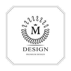 Abstract Monogram round template. Modern elegant luxury logo design. Letter emblem M crown. Mark of distinction. Fashion universal label for Royalty, company, business card, badge. Vector illustration