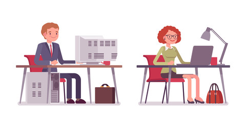 Set of male and female office workers sitting at computer