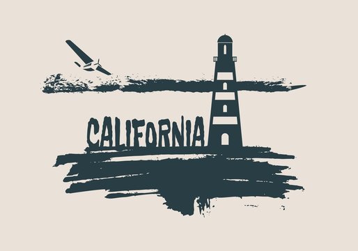 Lighthouse on brush stroke seashore. Clouds line with retro airplane icon. Vector illustration. California text.