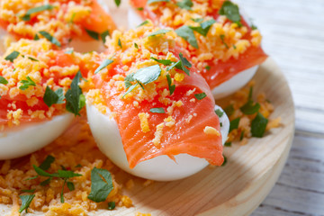 Filled eggs with salmon pinchos tapa Spain