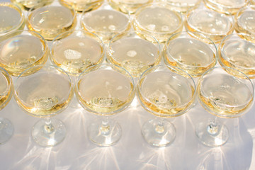 Beautiful hill with champagne at the Banquet for the newlyweds.