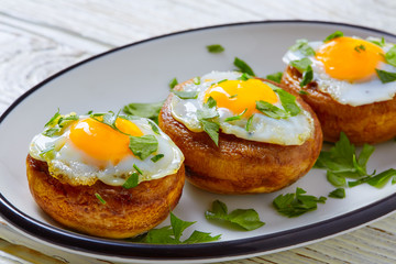 Tapas mushrooms with quail eggs from Spain