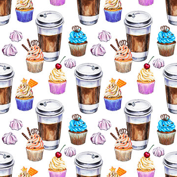 Watercolor seamless pattern with disposables cups of coffee, cupcakes and meringues. Hand painted illustration.