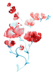 Sprigs of pink flowers, isolated hand painted watercolor illustration in modern style (soft spots)