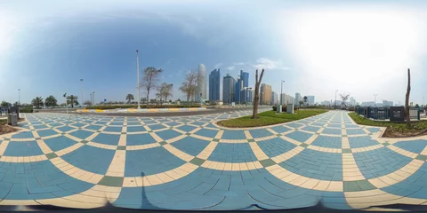 Gardinen 360 degrees spherical panorama of the abu dhabi (UAE) corniche with view of the skyline an blue water © Riko Best