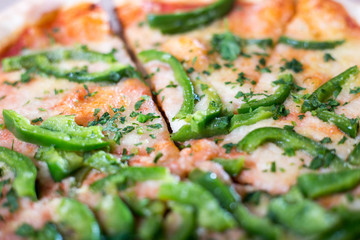 Italian pizza with green pepper in paper box tasty macro picture useful for background