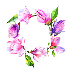 Wildflower magnolia flower wreath in a watercolor style isolated.