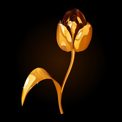 золотой тюльпан с изогнутым стеблем, листом и открытыми лепестками, с подсветкой и бликами, на черном фоне