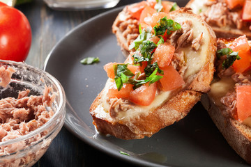 Appetizer bruschetta with tuna, mozarella cheese and tomatoes
