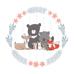 cute rabbit, squirrel, fox, bear, wild boar, deer, raccoon and beaver in floral frames hand drawing vector illustration for kid t-shirt print, greeting and invitation card