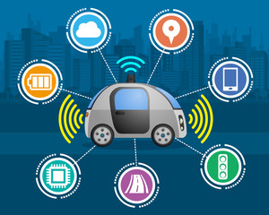 autonomous car and various function icons, connected car, smart vehicle, automotive technology, vector illustration