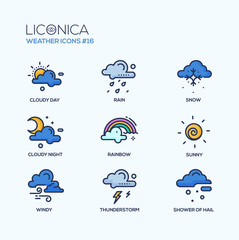 Obraz premium Weather - coloured modern single line icons set