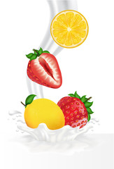 Colorful fresh fruits falling into the milky splash. Vector illustration